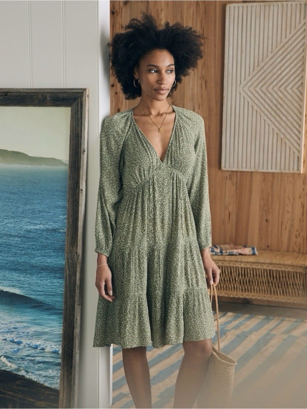 FAHERTY | Women's Sage Green V-Neck Tiered Dress
